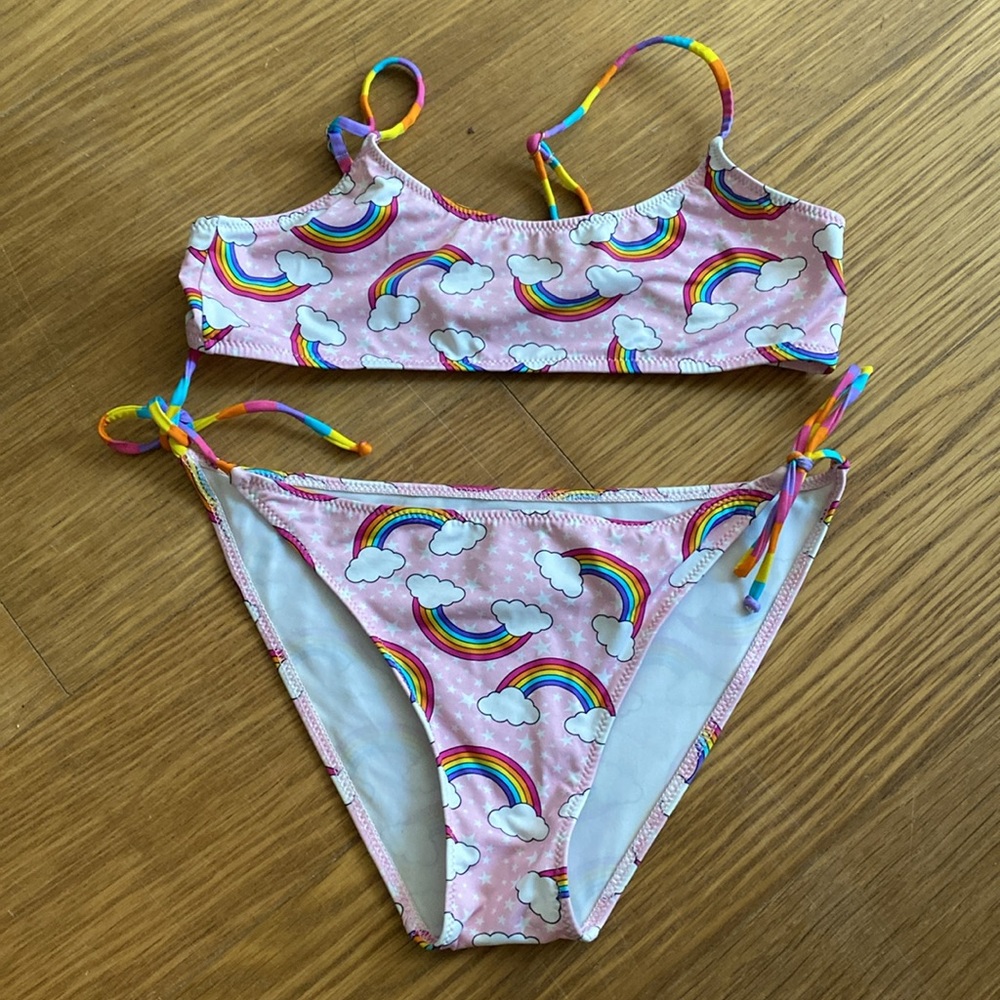 MC2 SAINT BARTH Girl’s  Rainbow Rain Print Lycra Bikini In Pink Size 12